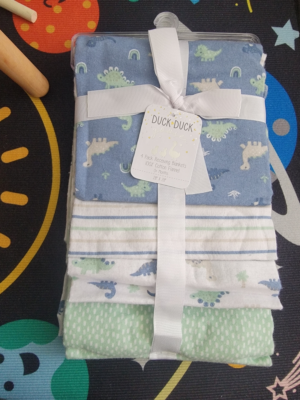 Duck Duck Baby Receiving Blanket Set - Blue, Green, White Dino Prints